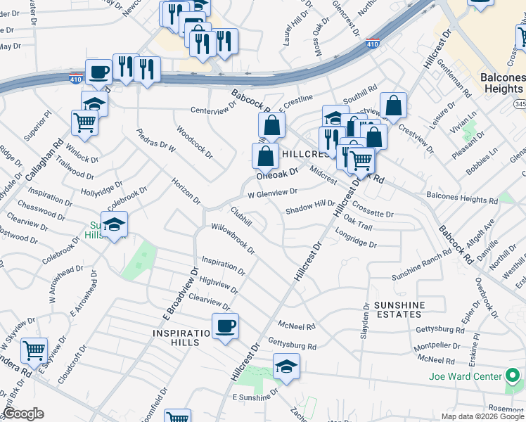 map of restaurants, bars, coffee shops, grocery stores, and more near 4135 High Sierra Drive in San Antonio