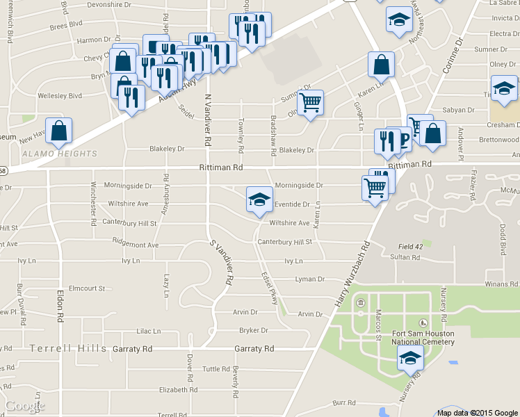 map of restaurants, bars, coffee shops, grocery stores, and more near 752 Eventide Drive in San Antonio