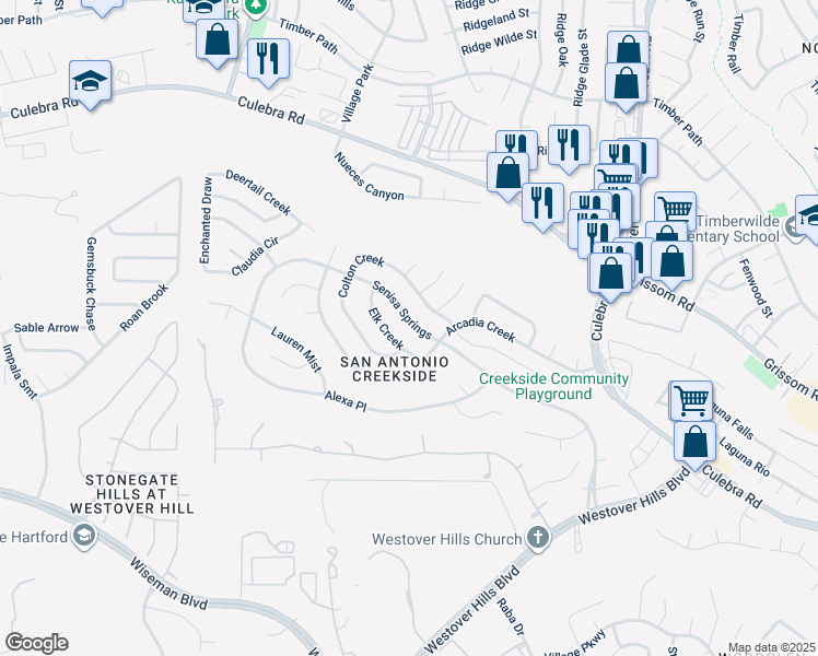 map of restaurants, bars, coffee shops, grocery stores, and more near 5127 Senisa Springs in San Antonio