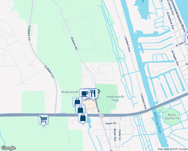 map of restaurants, bars, coffee shops, grocery stores, and more near Roberts Road in Flagler Beach