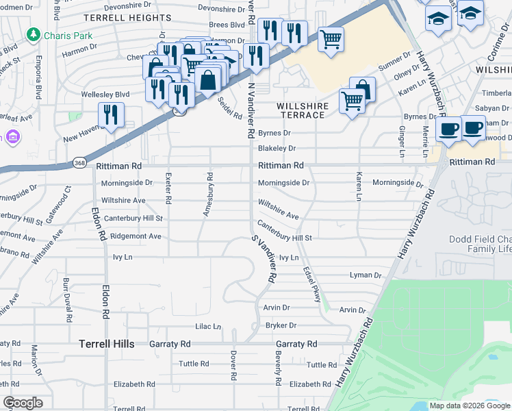 map of restaurants, bars, coffee shops, grocery stores, and more near 1200 Wiltshire Avenue in Terrell Hills