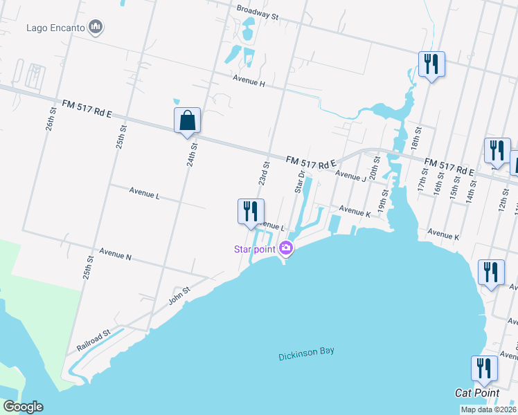 map of restaurants, bars, coffee shops, grocery stores, and more near 1025 23rd Street in San Leon
