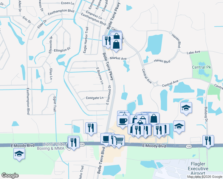map of restaurants, bars, coffee shops, grocery stores, and more near 24 East Diamond Drive in Palm Coast
