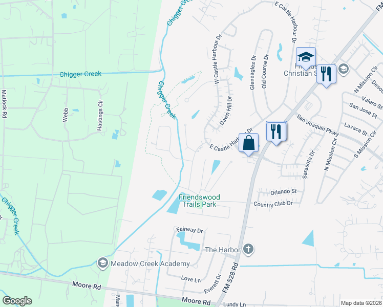 map of restaurants, bars, coffee shops, grocery stores, and more near 100 Saint Andrews Drive in Friendswood
