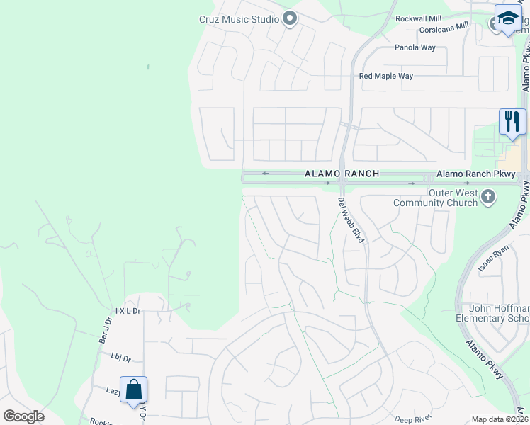 map of restaurants, bars, coffee shops, grocery stores, and more near 12915 Pronghorn Oak in San Antonio