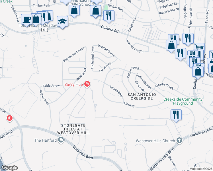 map of restaurants, bars, coffee shops, grocery stores, and more near 9874 Lauren Mist in San Antonio