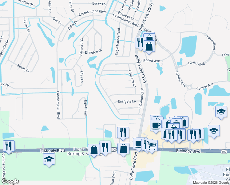 map of restaurants, bars, coffee shops, grocery stores, and more near 5 Eastmoor Lane in Palm Coast
