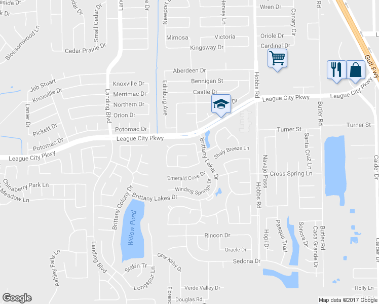 map of restaurants, bars, coffee shops, grocery stores, and more near 2107 Stillwater Bay Court in League City
