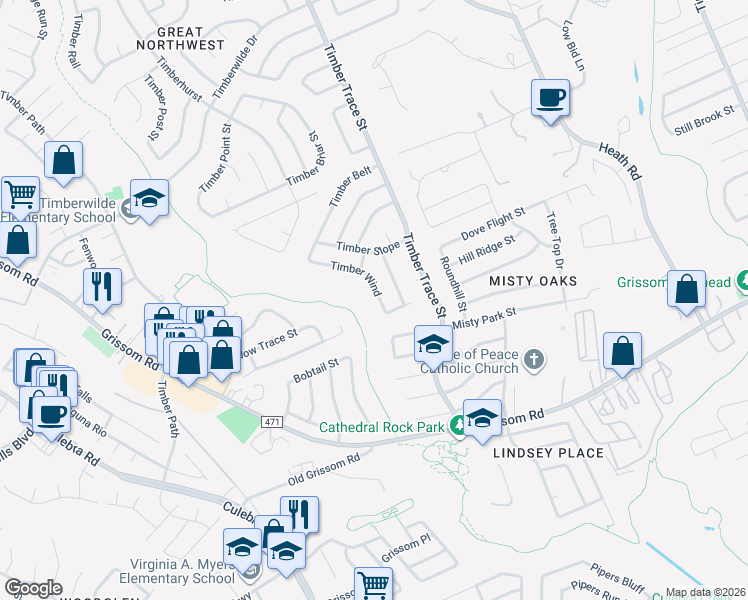 map of restaurants, bars, coffee shops, grocery stores, and more near 4915 Timber Wind in San Antonio