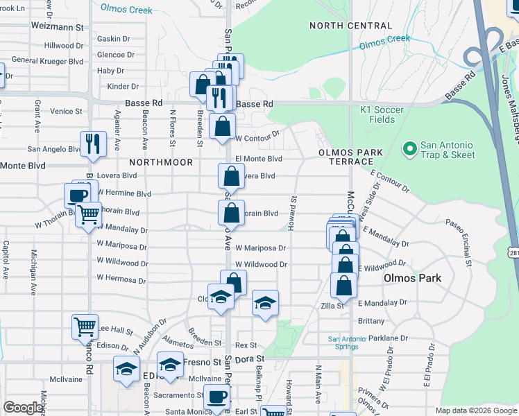 map of restaurants, bars, coffee shops, grocery stores, and more near 253 Thorain Blvd in San Antonio