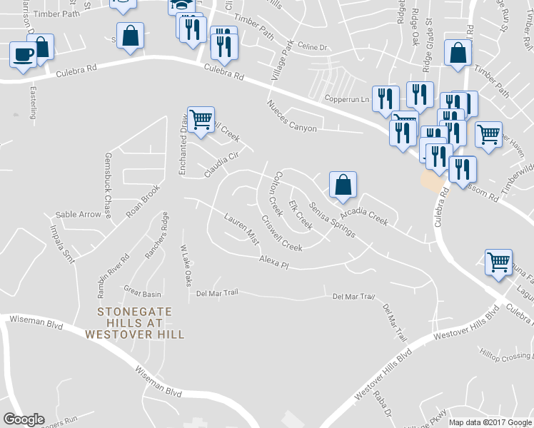 map of restaurants, bars, coffee shops, grocery stores, and more near 9723 Criswell Creek in San Antonio