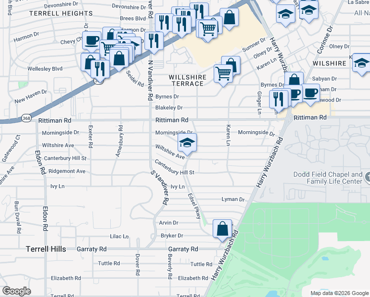 map of restaurants, bars, coffee shops, grocery stores, and more near 752 Eventide Drive in San Antonio