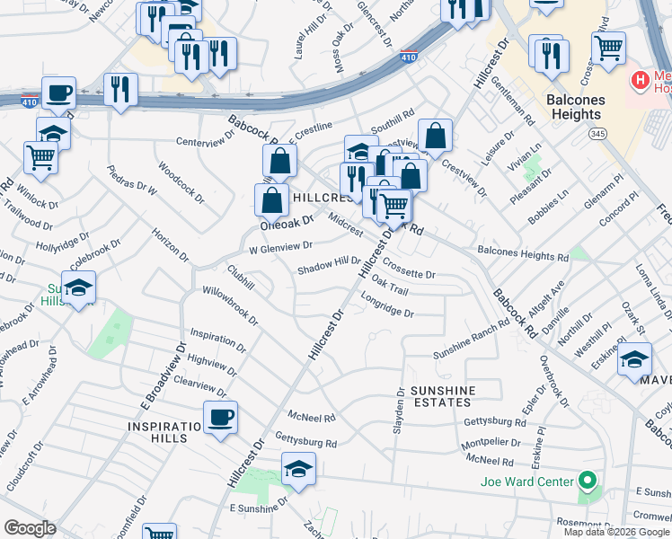 map of restaurants, bars, coffee shops, grocery stores, and more near 126 Shadow Hill Dr in San Antonio
