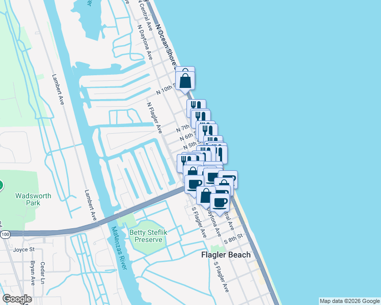 map of restaurants, bars, coffee shops, grocery stores, and more near 301 North 5th Street in Flagler Beach