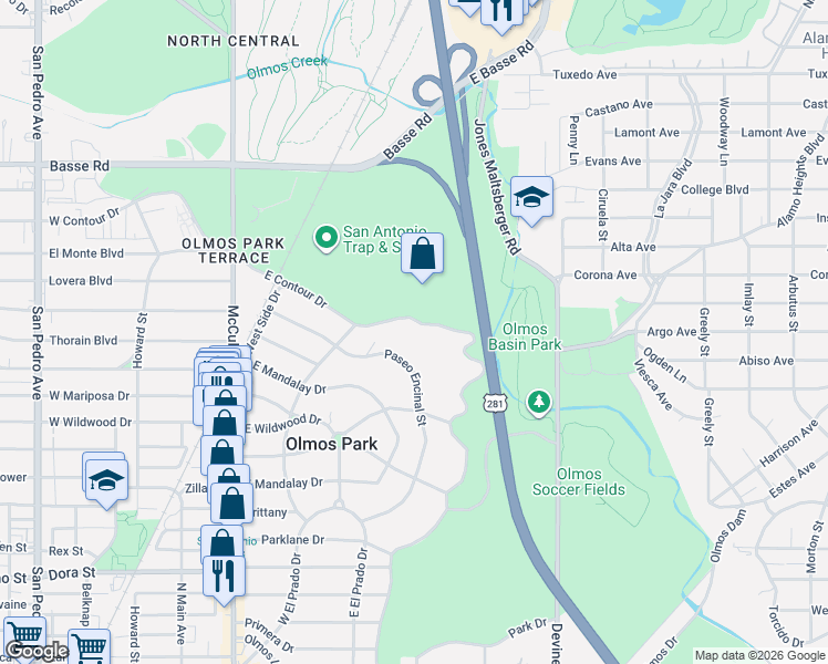 map of restaurants, bars, coffee shops, grocery stores, and more near 825 East Contour Drive in San Antonio