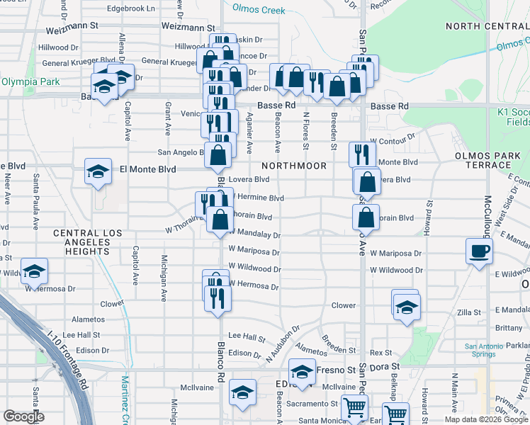 map of restaurants, bars, coffee shops, grocery stores, and more near 515 Thorain Boulevard in San Antonio