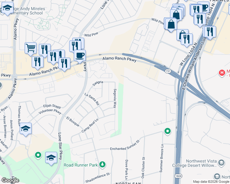 map of restaurants, bars, coffee shops, grocery stores, and more near 5030 Segovia Way in San Antonio