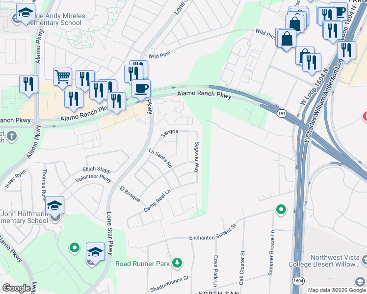 map of restaurants, bars, coffee shops, grocery stores, and more near 5027 Italica Road in San Antonio