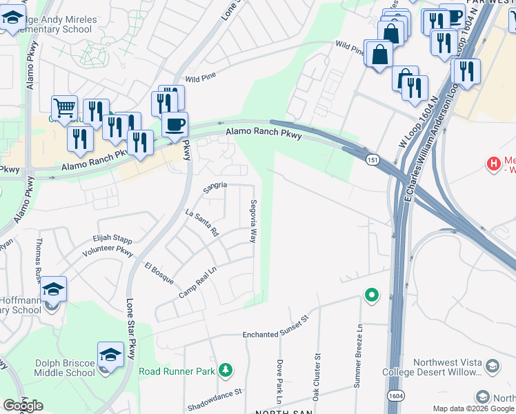 map of restaurants, bars, coffee shops, grocery stores, and more near 5030 Segovia Way in San Antonio