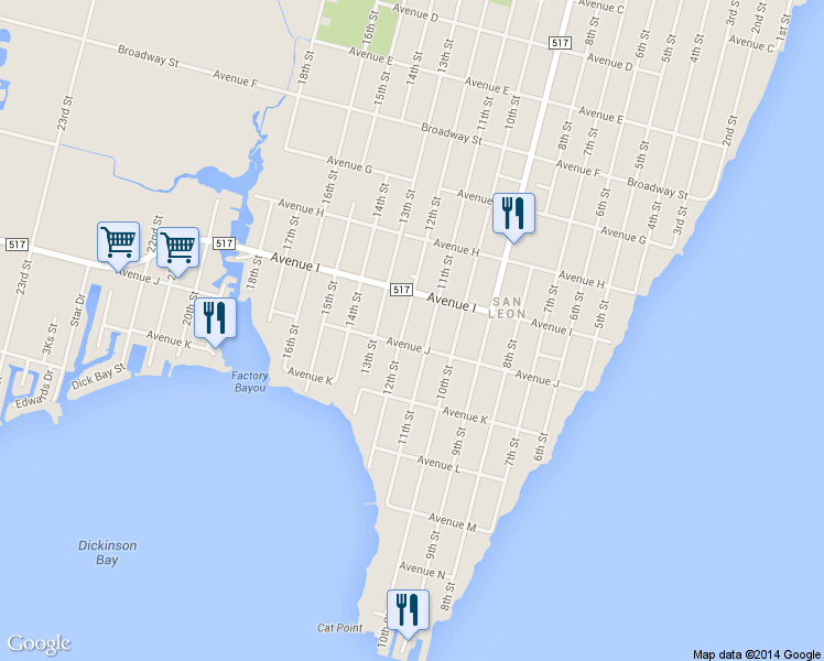map of restaurants, bars, coffee shops, grocery stores, and more near 939 12th Street in San Leon