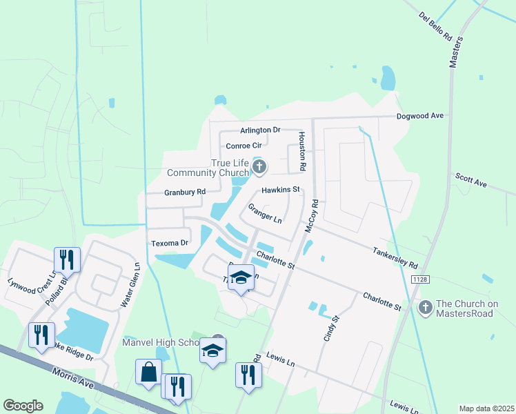map of restaurants, bars, coffee shops, grocery stores, and more near 6618 Abilene Court in Manvel