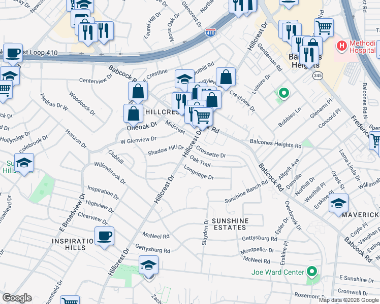 map of restaurants, bars, coffee shops, grocery stores, and more near 3919 Oak Trail in San Antonio