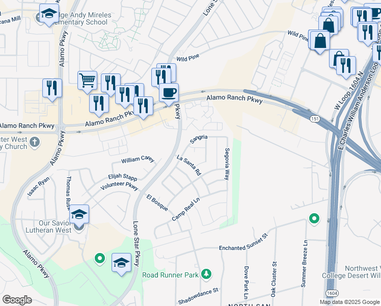 map of restaurants, bars, coffee shops, grocery stores, and more near 5007 Miro in San Antonio