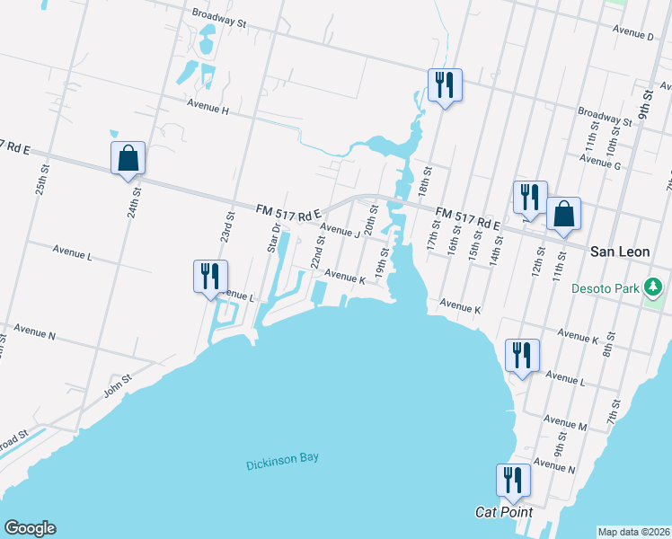 map of restaurants, bars, coffee shops, grocery stores, and more near 1030 20th Street in San Leon