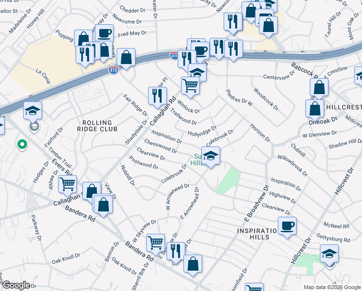 map of restaurants, bars, coffee shops, grocery stores, and more near 634 Inspiration Drive in San Antonio