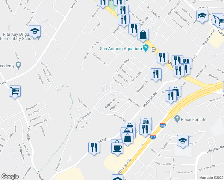 map of restaurants, bars, coffee shops, grocery stores, and more near 5 Laden Creek in San Antonio