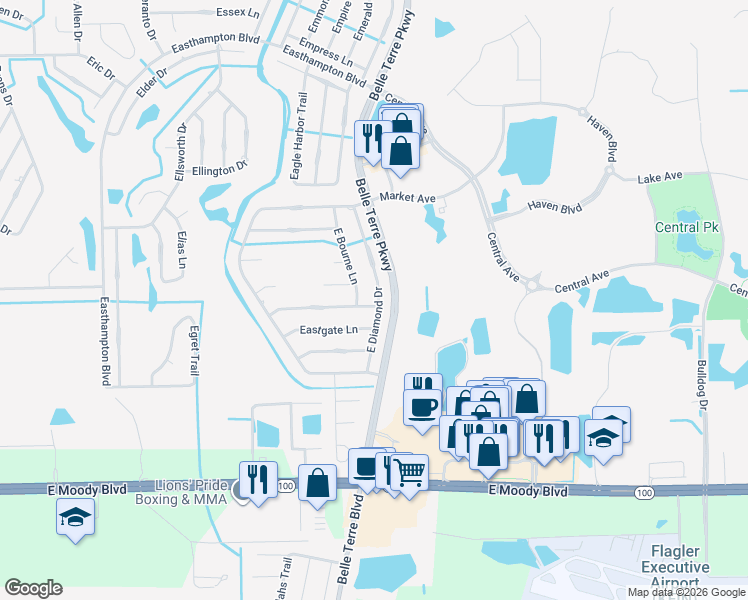map of restaurants, bars, coffee shops, grocery stores, and more near 24 East Diamond Drive in Palm Coast