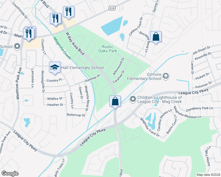map of restaurants, bars, coffee shops, grocery stores, and more near 1202 Bay Area Boulevard in League City
