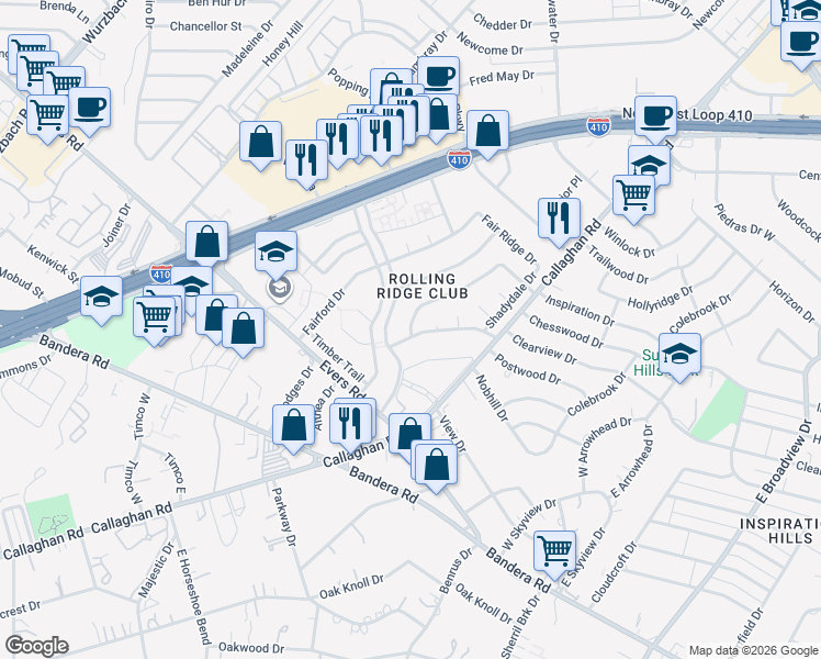 map of restaurants, bars, coffee shops, grocery stores, and more near 4942 Lambeth Dr in San Antonio