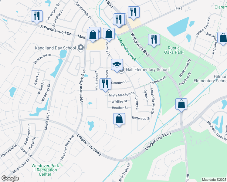 map of restaurants, bars, coffee shops, grocery stores, and more near 5907 High Meadow Street in League City