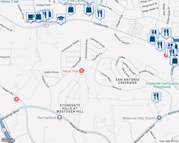 map of restaurants, bars, coffee shops, grocery stores, and more near 4503 Shay Circle in San Antonio