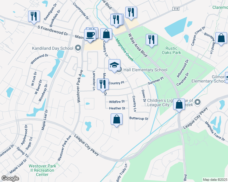 map of restaurants, bars, coffee shops, grocery stores, and more near 5903 High Meadow Street in League City