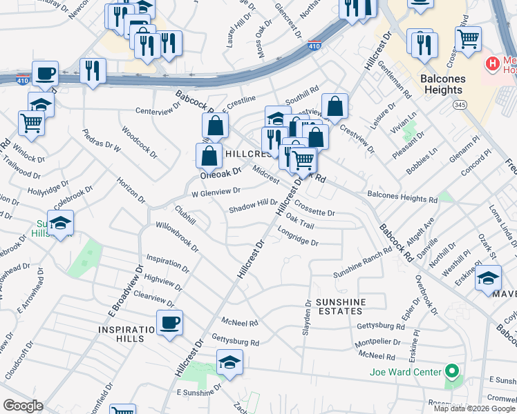 map of restaurants, bars, coffee shops, grocery stores, and more near 126 Shadow Hill Drive in San Antonio