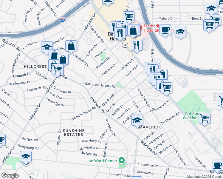 map of restaurants, bars, coffee shops, grocery stores, and more near 406 Concord Place in San Antonio