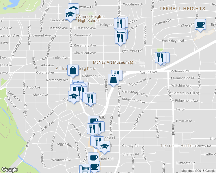 map of restaurants, bars, coffee shops, grocery stores, and more near 306 Kokomo Street in San Antonio