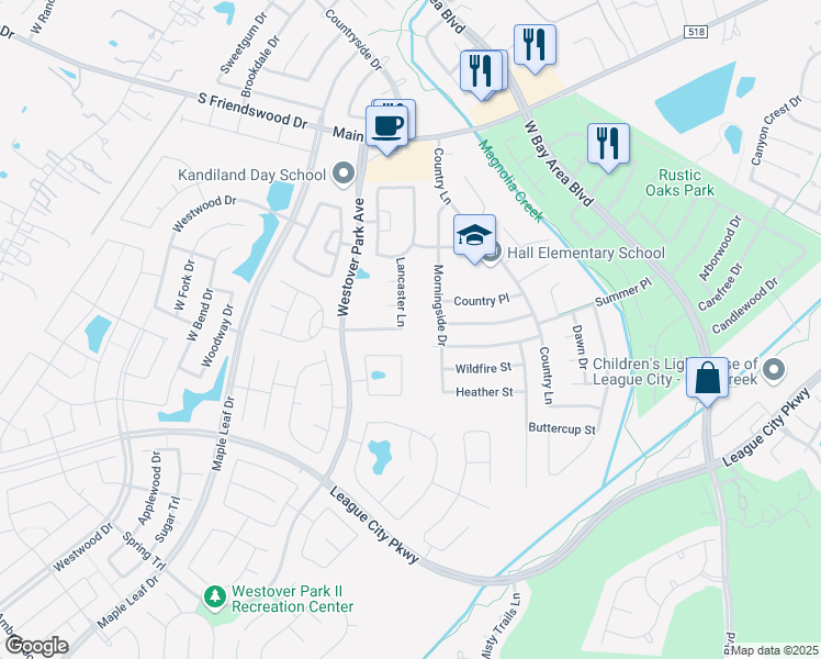 map of restaurants, bars, coffee shops, grocery stores, and more near 325 Lancaster Lane in League City