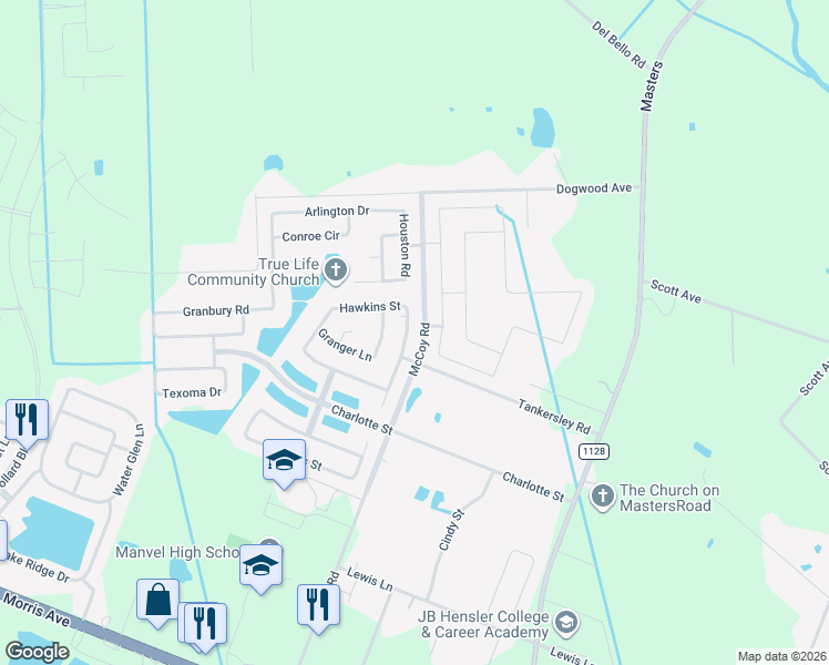 map of restaurants, bars, coffee shops, grocery stores, and more near 6619 Lone Star Ridge in Manvel