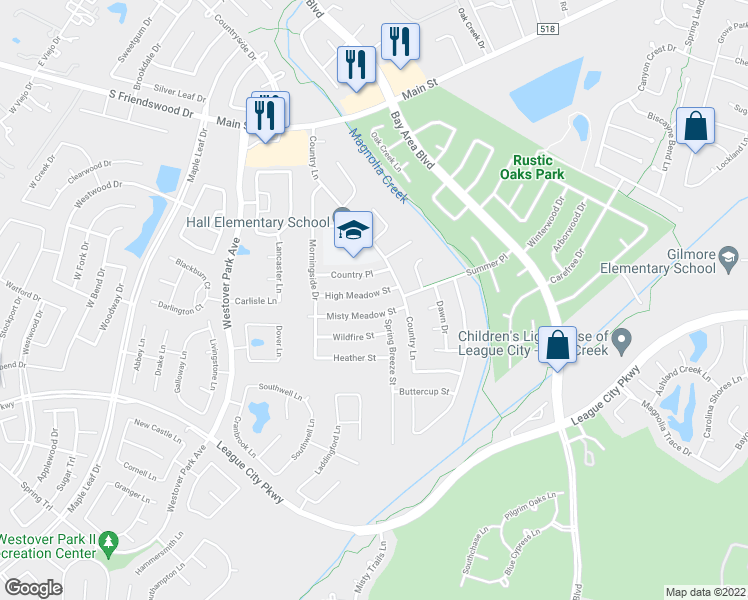 map of restaurants, bars, coffee shops, grocery stores, and more near 5811 High Meadow Street in League City