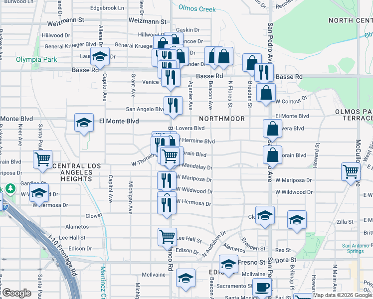 map of restaurants, bars, coffee shops, grocery stores, and more near 547 Thorain Boulevard in San Antonio