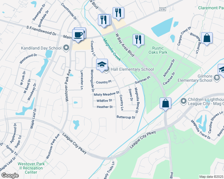map of restaurants, bars, coffee shops, grocery stores, and more near 5811 High Meadow Street in League City