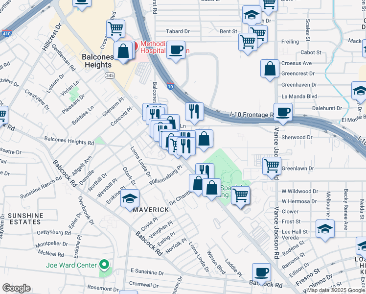 map of restaurants, bars, coffee shops, grocery stores, and more near 3830 Fredericksburg Road in San Antonio