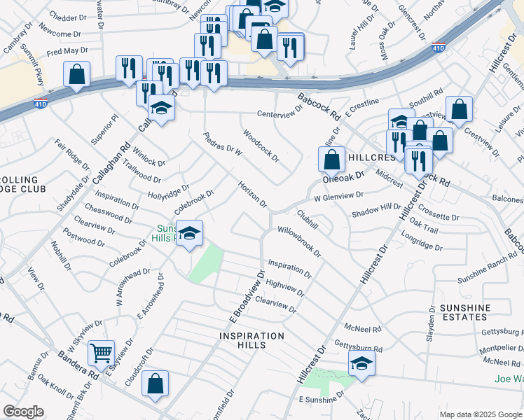 map of restaurants, bars, coffee shops, grocery stores, and more near 5510 Horizon Drive in San Antonio