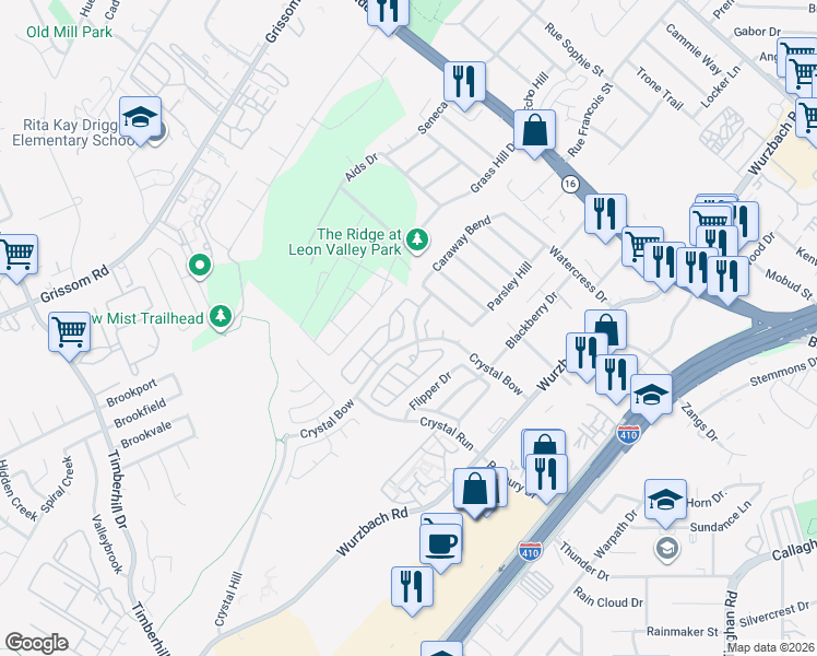 map of restaurants, bars, coffee shops, grocery stores, and more near 5 Laden Creek in San Antonio