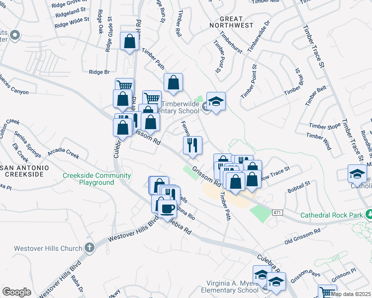 map of restaurants, bars, coffee shops, grocery stores, and more near 9005 Grissom Road in San Antonio