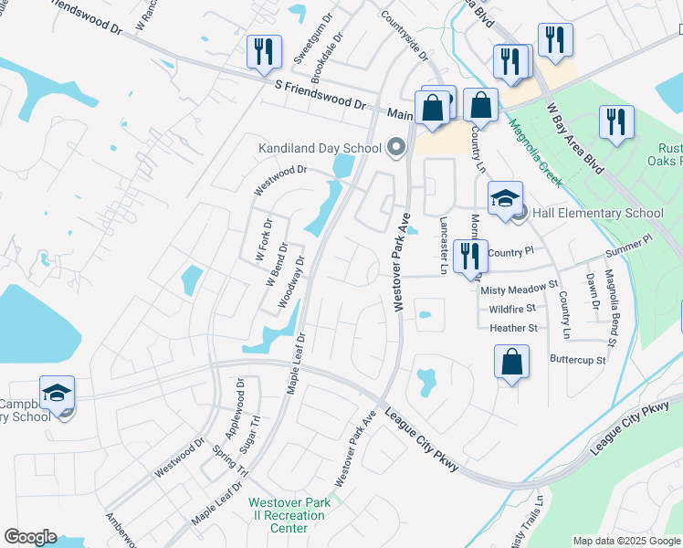 map of restaurants, bars, coffee shops, grocery stores, and more near 6168 Darlington Court in League City
