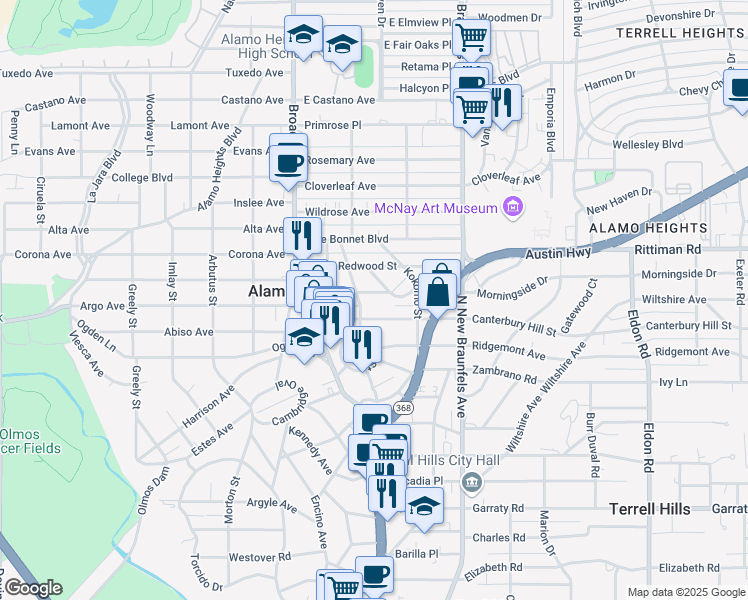 map of restaurants, bars, coffee shops, grocery stores, and more near 306 Albany Street in San Antonio